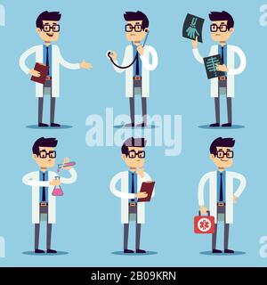 Arzt, Apotheke, Apotheker, Chirurg man Cartoon Characters Vektor-Set. Arzt mit Stethoskop und Röntgenbild, Zahnarztarzt in weißer Abbildung Stock Vektor