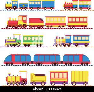 Cartoon Kinder Spielzeugzüge, Lok und Wagen Vektor Set. Kinder reisen mit Farblok, Spielzeug für Transportabbildung Stock Vektor