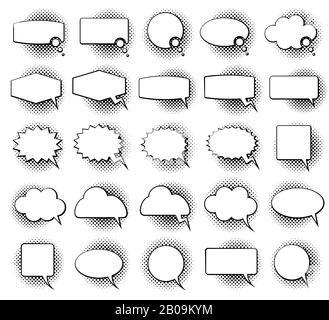Leere monochrome Rede Comic Text bläsert mit Halbtonpunkt Schatteneffekt Vektor gesetzt. Sprechblase für den Dialog, Abbildung der Sprachwolke Stock Vektor