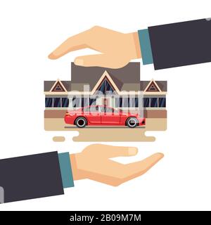 Versicherungsgeschäft Vektor Konzept: Schutz von Eigentum, Haus, Auto, Geld. Schutz homa und Auto, Finanzversicherung und Illustrationsschutz Stock Vektor