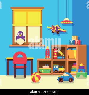Vorschule Kindergarten Klassenzimmer mit Spielzeug Cartoon Vektor Illustration. Zimmer mit Spielzeug im Kindergarten, Innenansicht des Spielraums Stock Vektor