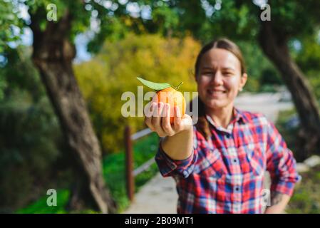Junge lächelnde Frau mit frisch gepflücktem Orange. Zypern Stockfoto