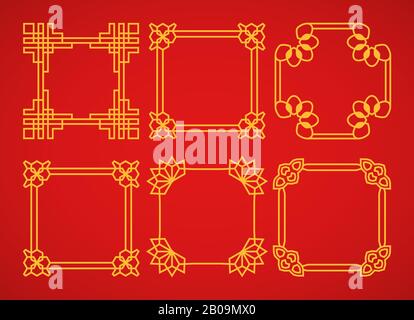 Quadratischer Vektor asiatische Retro-Rahmen gesetzt. Goldener Rahmen auf rotem Hintergrund Stock Vektor