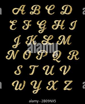 Goldenes Glitzeralphabet, Goldschrift Vektorbuchstaben mit Glitzereffekt. Modeglitzeralphabet, Abbildung des glitzernden goldenen Alphabets Stock Vektor