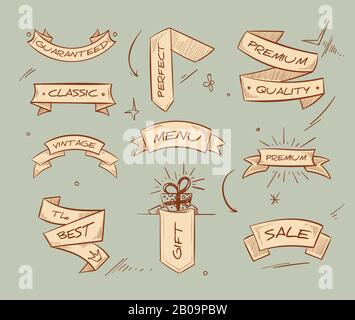 Doodle Retro Bandbanner mit handgezeichneter Retail Selling Messages Vector Collection. Flachbandbanner mit Textmenü, Verkauf und Premium-Qualität, Abbildung von Bändern für Abzeichen Stock Vektor