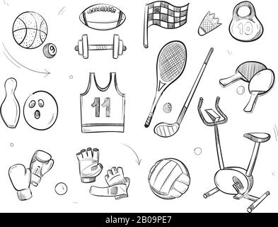 Handgezeichnete Skizze Sportgeräte Vektor-Doodle-Symbole. Skizze von Sport- und Fitnessgeräten, Ball für Spiel und Gewicht für Sportturnhalle Illustration Stock Vektor