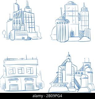 Doodle modernes Business Office, Industriewerksgebäude, Lagerskizze Handzeichnung Vektor-Set. Architektur des Geschäftsstrukturgebäudes, Abbildung von Industriegebäuden Stock Vektor
