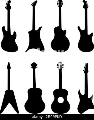 Gitarrenvektor-Silhouetten. Rock, Akustik, E-Gitarren. Schwarze Silhouette der Rockgitarre, Illustration von Musiksaitengitarren Stock Vektor