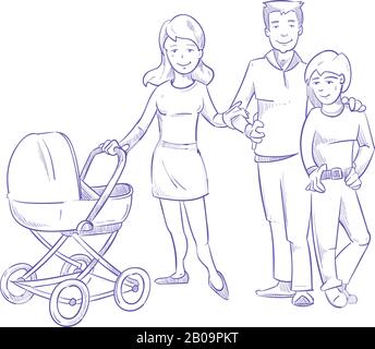 Glückliche junge Familie mit Kind und Baby in Kinderwagen, handgezeichnet, Pen Skizze Vektor. Charakter skizzenhaft Mutter und Vater mit Sohn, Illustration des fröhlichen Familien-Cartoons Stock Vektor