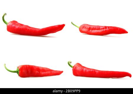 Collage Von Fotos Mit Red Chili Pepper Vor Weißem Hintergrund. Chili Peppers Werden In Vielen Küchen Als Gewürz Verwendet, Um den Gerichten Wärme zu geben. Stockfoto