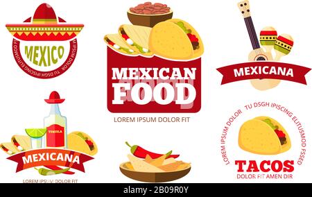 Vintage mexican Restaurant Grafiken, Tacos, Burrito, Salsa und Nachos Vektor Abzeichen, Etiketten, Logos und Embleme. Set mit Logo für mexikanische Café-Illustration Stock Vektor