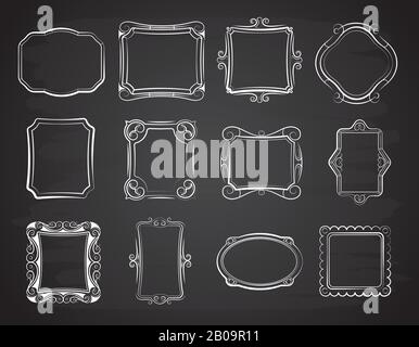 Vector Doodle Portrait Bilderrahmen, Skizze Antiquitätenbox auf dem Schwarzen Brett. Satz Skizzenrahmen für Hochformat, Abbildung der Hand, Zeichnungsrahmen auf Kreideplatte Stock Vektor