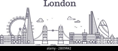 Die Skyline der Stadt London mit berühmten Gebäuden, die Wahrzeichen des Tourismus england zeichnen sich durch Vektorgrafiken aus. Line london Panorama-Gebäude, Skyline Architektur Stadt london Stock Vektor