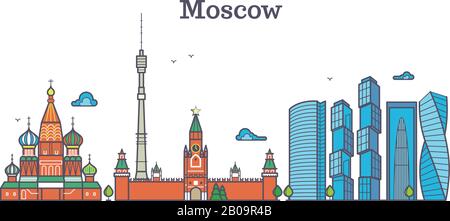 Moskauer Vektor-Linienpanorama, moderne Stadtsilhouette, symbol der russischen Umrisse, flache urbane Landschaft. Skyline moskaus Design, Illustration des moskauer Stadtpanoramas Stock Vektor