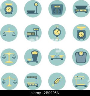 Vintage Balance, elektronische und mechanische Skalen, flache Vektorsymbole für die Gewichtsmessung. Skalen für Gepäck- oder medizinische, präzise Maßstabsmessungen Stock Vektor