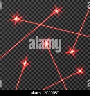 Roter Laserstrahl Vektor-Lichteffekt isoliert auf transparentem kariertem Hintergrund. Neon mit rotem Lichtstrahl, Abbildung des Technologiestrahllinieneffekts Stock Vektor