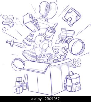 Doodle Einkaufsbox mit vielen Kinderspielzeugen und -Käufen. Handgezeichnete Vektorgrafiken. Kinder Spielzeug Konstruktor und Pinwheel, Schwert und Kugel, Doodle Zeichnung Spielzeug Bär Stock Vektor