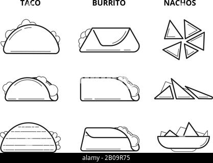 Mexikanische Küche. Taco, Burrito und Nachos essen Snacks Line Vector Set. Mexikanische Mahlzeit in linearem Stil Stock Vektor