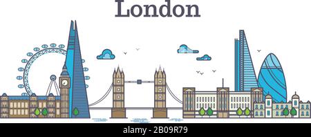 London City View, urbane Skyline mit Gebäuden, europa Wahrzeichen moderne flache Vektorgrafiken. Berühmt für die Architektur Londons, Big ben und Bridge Stock Vektor