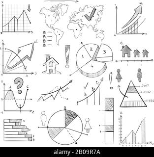 Infografik zur demografischen Populations-Doodle-Vektor-Infografik mit handgezeichneten Diagrammen, Kreisdiagrammen, Diagrammen, Weltkarte und Skizzensymbolen für Personen. Infografik - Globale Abbildung Stock Vektor