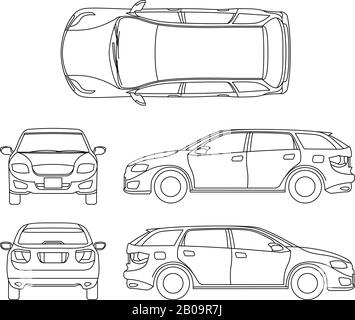 Linienzeichnung des autoweißen Fahrzeugs, Vektor Computer Art. Modell des Autos, skizzenhafte Grafik Transport Auto Illustration Stock Vektor