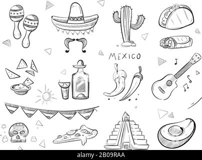 Doodle mexican Food, Tequila, rote heiße Chilipapers, Sombrero, Gitarre, Tacos handgezeichnete Vektorsymbole. Mexikanisches Tequila und Essen, Illustration von mexikanischem Pfeffer und Gitarre Stock Vektor