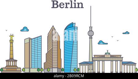 Berliner Silhouetten-Skyline-Panorama, Stadtlandschaft Vektor-Illustration. Berliner Stadtbauarchitektur, Berliner Panorama mit Turm und Haus Stock Vektor