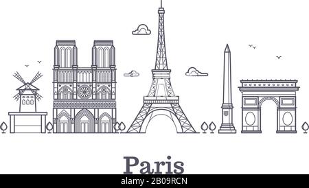 Französische Architektur, paris Panorama City Skyline Vector Outline Illustration. Paris lineare Architektur, berühmter pariser Ort Stock Vektor