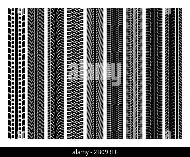Nahtlose Reifenspuren, Spurmarkierungen Vektor-Set. Markierung vom Reifen, Abbildung des Druckreifens Stock Vektor