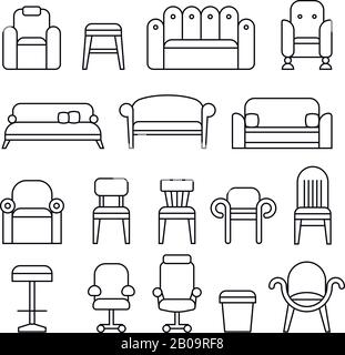 Möbel, Stuhl, Sessel, Lounge, Sofa, Vektorsymbole für die Tischlinie. Lineare Möbel für Sit, Illustration von Möbeln für Innenräume Stock Vektor