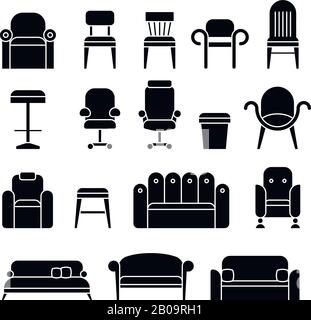 Bürohaare, Sessel, Lounge, bequemes Sofa, Vektorsymbole für Tischmöbel. Set mit schwarzen Silhouetten für Möbel Stock Vektor