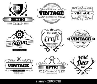 Vintage-Vektor-Hipper-Logos und -Etiketten mit Hirschhörnern. Hiphster-Logo für Boutique oder Café, Abilustration von Emblem mit Hörnern Stock Vektor