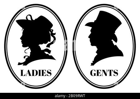 Vintage wc vector-schild mit Dame und Gentleman Head in viktorianischen Hüten und Kleidung. Schilder für toilette, Illustration von Silhouette Gentleman und Damenkopf für emblemtoilette Stock Vektor