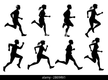 Running Männer und Frauen, Jogging Menschen Vektor-Silhouetten. Sport laufen Menschen Silhouette, Illustration laufen und joggen Menschen Stock Vektor