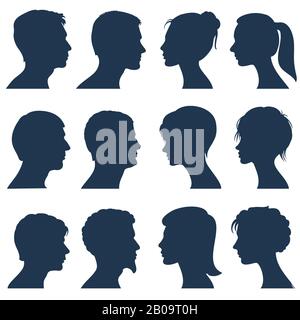 Männer und Frauen stehen mit Vektorsilhouetten im Profil. Silhouette des menschlichen Kopfes, Abbildung des seitlichen Kopfes mit Silhouettenansicht Stock Vektor
