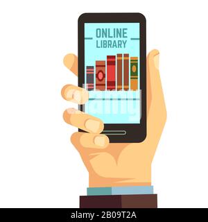 Hand-Holding-Smartphone mit Büchern, E-Reading, Online-Bibliothek Vektor Bildungskonzept. Bibliothek online auf dem Telefon, Abbildung der Web Mobile App Bibliothek Stock Vektor