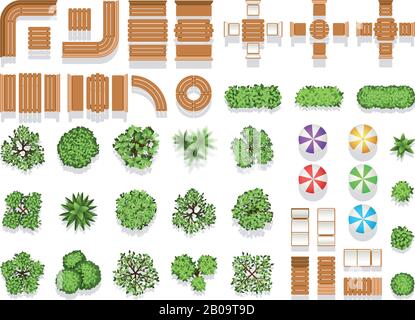 Draufsicht Landschaftsarchitektur Stadtpark Planen Vektorsymbole, Holzbänke und Bäume. Modernes Holzsitzend und Tisch für Design, Illustration kreativer natürlicher Struktur Stadtschirm und Baum Stock Vektor