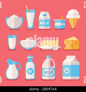 Dairy, Milch, Joghurt, Sahne, Käse Produkte Flat Vector Icons Set. Abbildung: Lebensmittel für Milchprodukte, frische Bauernmilch in Flasche Stock Vektor