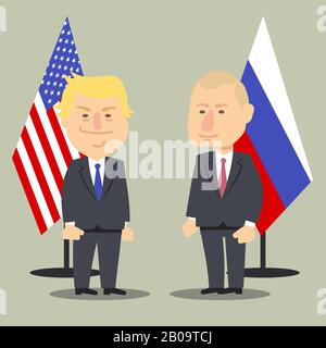 Donald Trump und Wladimir Putin stehen mit russischen und US-Flaggen zusammen. Vektorillustration, Karikatur politischer Karikatur. Politiker putin und Trumpf, Regierungspräsidenten amerika und russisch Stock Vektor