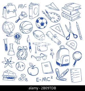 Schulbildung und Wissenschaft, Geographie und Biologie, Physik und Mathematik, Astronomie und Chemie doodle, Skizzenzeichnung von Vektorsymbolen. Abbildung handgezeichneter Bildelemente Stock Vektor