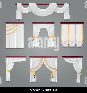 Weiße Vorhänge für Hochzeitszimmer und Fenster Vektor-Set. Seidenvorhänge aus Textil für den Innenraum, Illustration von luxuriösen Vorhängen Stock Vektor