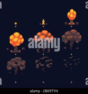 Cartoon Atombombenexplosion, Bodenexplosion mit Rauch und Staub Comic-Animation-Effekt Rahmen. Atomexplosion und Cartoon-Power-Pilz. Vektorgrafiken Stock Vektor