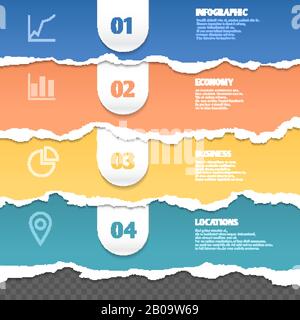 Farbige Streifen zerrissenen Papiers, Infografievorlage mit Text und Symbolen. Zerrissenes Banner mit Informationen, Illustration von zerrissenen horizontalen Pappen Stock Vektor