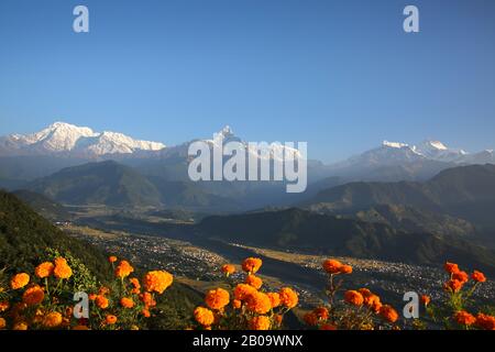 Blick von Sarangkot in Richtung der Annapurna Conservation Area & Bereich Annapurna im Himalaya, Nepal. Stockfoto