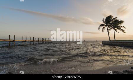 Sonnenuntergang auf Pine Island, Florida mit einem Dock und Palmen Stockfoto