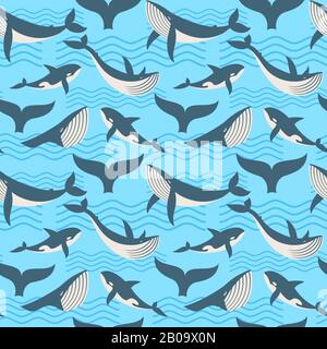 Vektor nahtloses Muster mit Wal in Meereswellen. Nahtloser Hintergrund mit Wildwal, Darstellung des Riesenmörderwals Stock Vektor