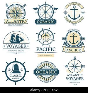 Nautische Vektoretiketten, Abzeichen, Logos und Embleme im Retro. Vintage Marine Label mit Ozeanschiff, Illustration Retro-Label-Design Stock Vektor