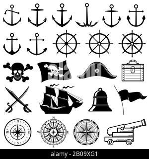 Klassische nautische oder maritime, Piratenvektor-Symbole. Schiffskompass und Silhouetten von nautischen Elementen Stock Vektor