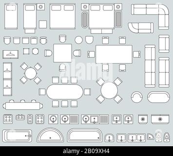 Innenansicht von oben mit Symbolen für Linienmöbel Vektor. Set mit Möbeln für Büro oder Haus, Illustration von Sofa-Sessel und Bettmöbel Stock Vektor