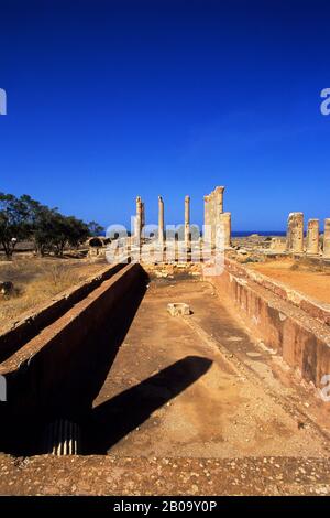 LIBYEN, IN DER NÄHE VON BENGASI, PTOLEMAIS (TOLMEITA), COLONADED PALACE, POOL Stockfoto